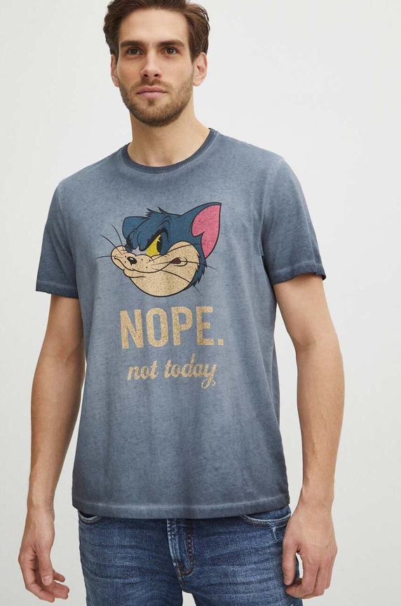 Bavlnené tričko pánske Tom and Jerry šedá farba sivá RS24-TSM657