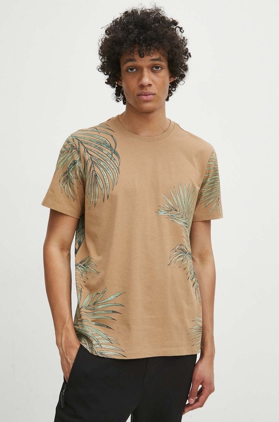 T-shirt bawełniany męski kolor beżowy okrągły beżowy RS24-TSM710
