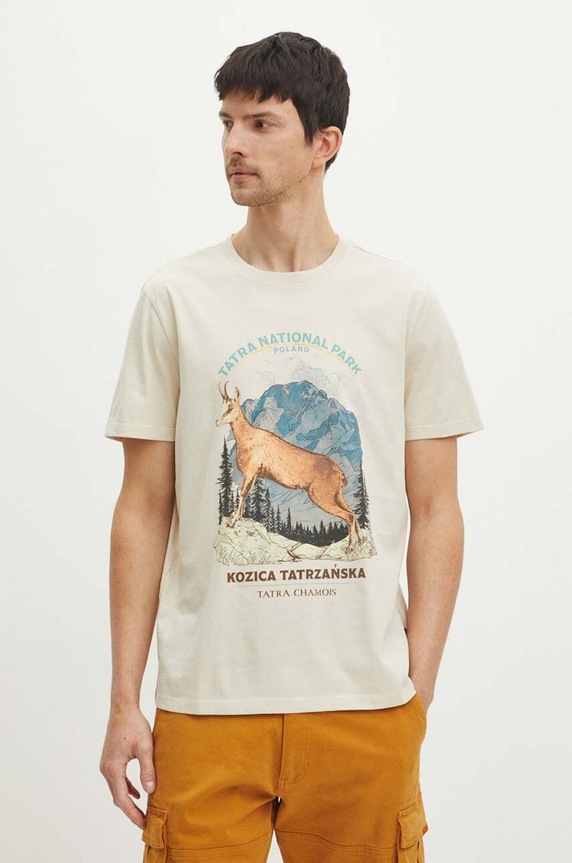 Bavlněné tričko pánské z kolekce Tatra National Park x Medicine béžová barva RS24-TSMA56 béžová