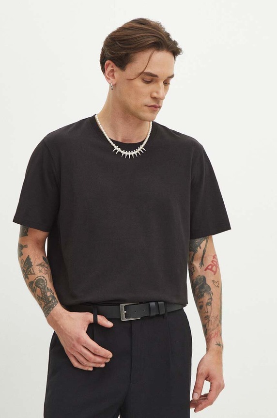 T-shirt bawełniany męski kolor czarny okrągły czarny RS24.TSMB18