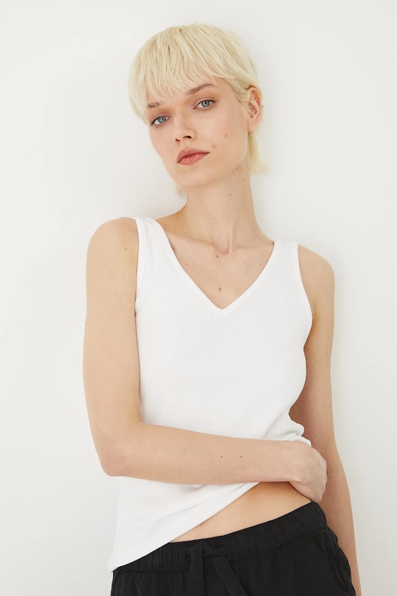 Top bawełniany damski prążkowany kolor biały z elastanem biały RS24-TTD0A0
