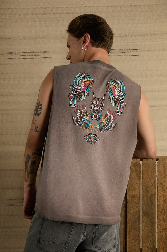 T-shirt bawełniany męski bez rękawów Tattoo Art by Rafał Czerkas - Rafsmiler kolor fioletowy okrągły fioletowy RS24-TTMC56