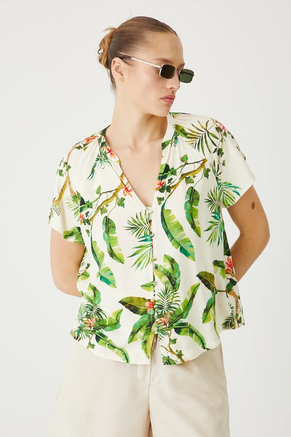 Bluzka damska z wiskozy wzorzysta kolor beżowy casual beżowy RS25-BKD0B0