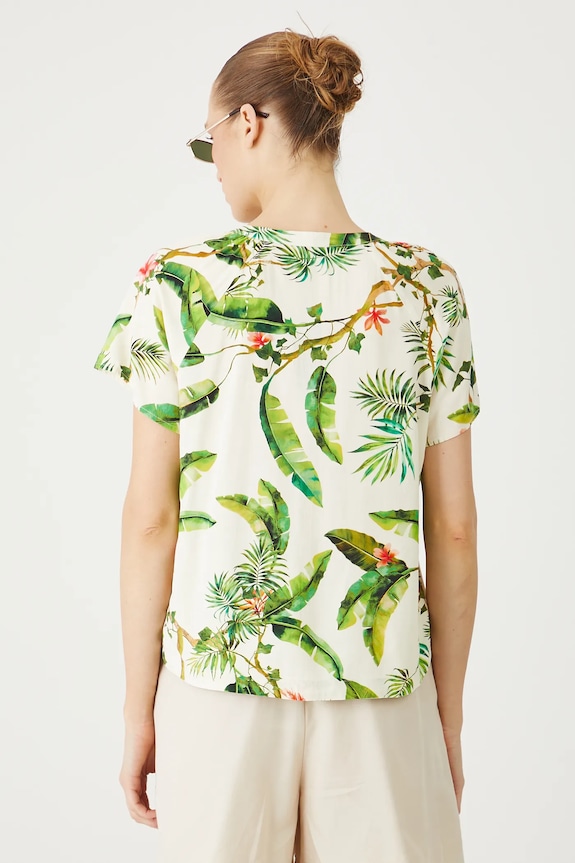 Odzież Bluzka damska z wiskozy wzorzysta kolor beżowy RS25-BKD0B0 beżowy