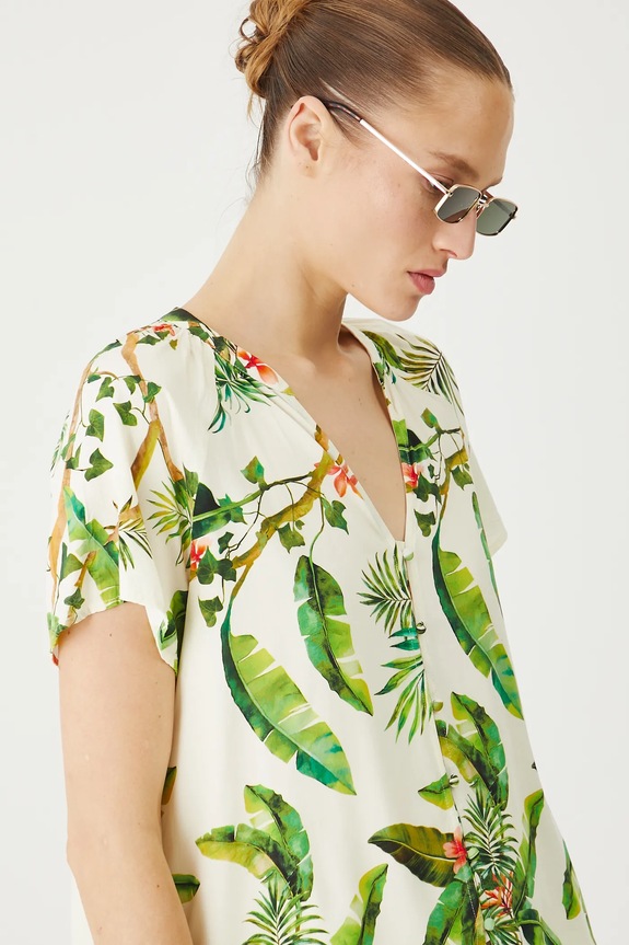 Bluzka damska z wiskozy wzorzysta kolor beżowy beżowy RS25-BKD0B0