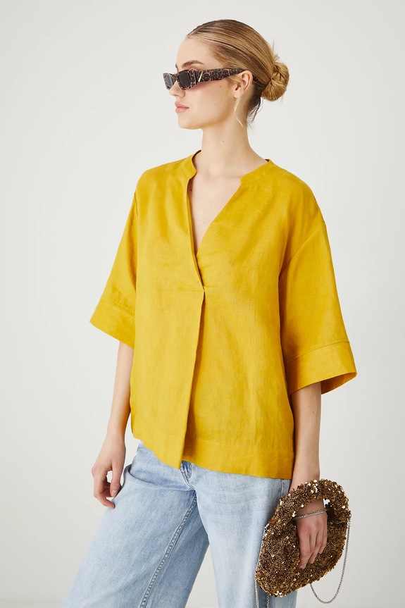 Bluzka lniana damska gładka kolor żółty szpic żółty RS25-BKD901