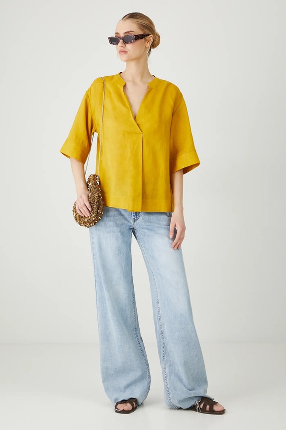 Bluzka lniana damska gładka kolor żółty RS25-BKD901 żółty RS25