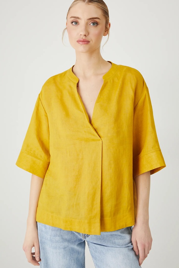 Bluzka lniana damska gładka kolor żółty żółty RS25-BKD901
