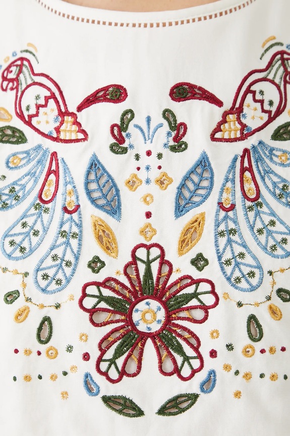 Bluzka z domieszką lnu damska z ozdobnymi haftami kolor biały RS25-BKDA03 biały