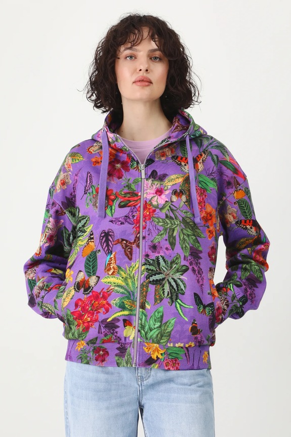 Bluza bawełniana damska z kapturem wzorzysta kolor fioletowy wzorzyste fioletowy RS25-BLD051
