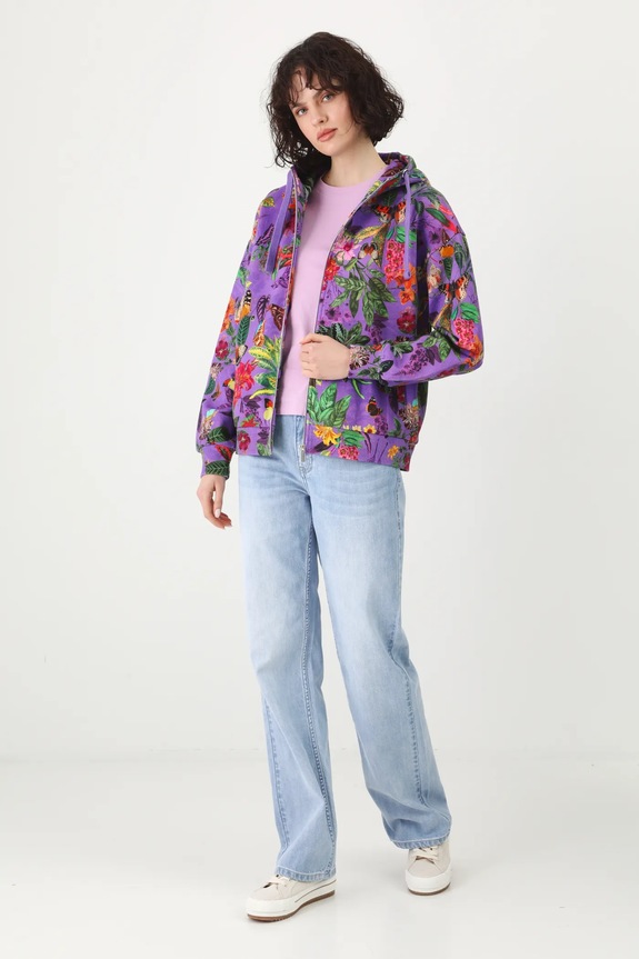 Bluza bawełniana damska z kapturem wzorzysta kolor fioletowy RS25-BLD051 fioletowy RS25