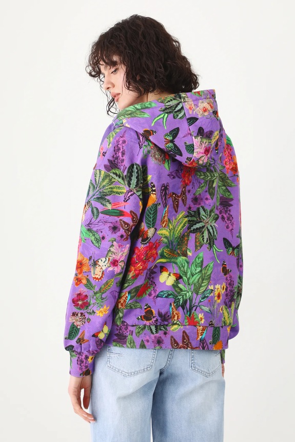 Odzież Bluza bawełniana damska z kapturem wzorzysta kolor fioletowy RS25-BLD051 fioletowy