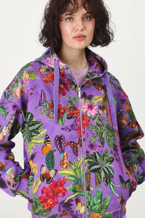 Bluza bawełniana damska z kapturem wzorzysta kolor fioletowy fioletowy RS25-BLD051