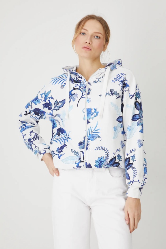 Bluza damska z kapturem wzorzysta kolor biały z elastanem biały RS25-BLD701