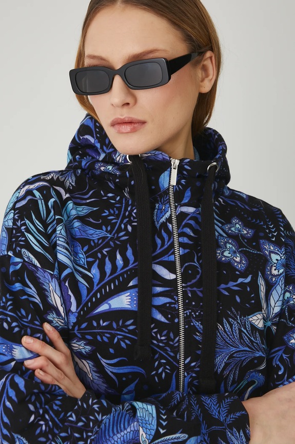 Bluza damska z kapturem wzorzysta kolor granatowy granatowy RS25-BLD701