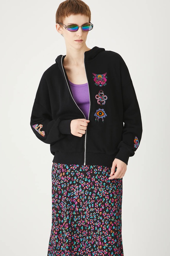 Bluza bawełniana damska z kapturem z nadrukiem i aplikacją RS25-BLDC00 czarny RS25