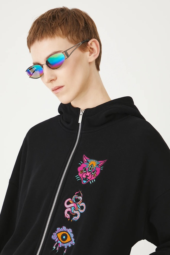 Bluza bawełniana damska z kapturem z nadrukiem i aplikacją RS25-BLDC00 czarny