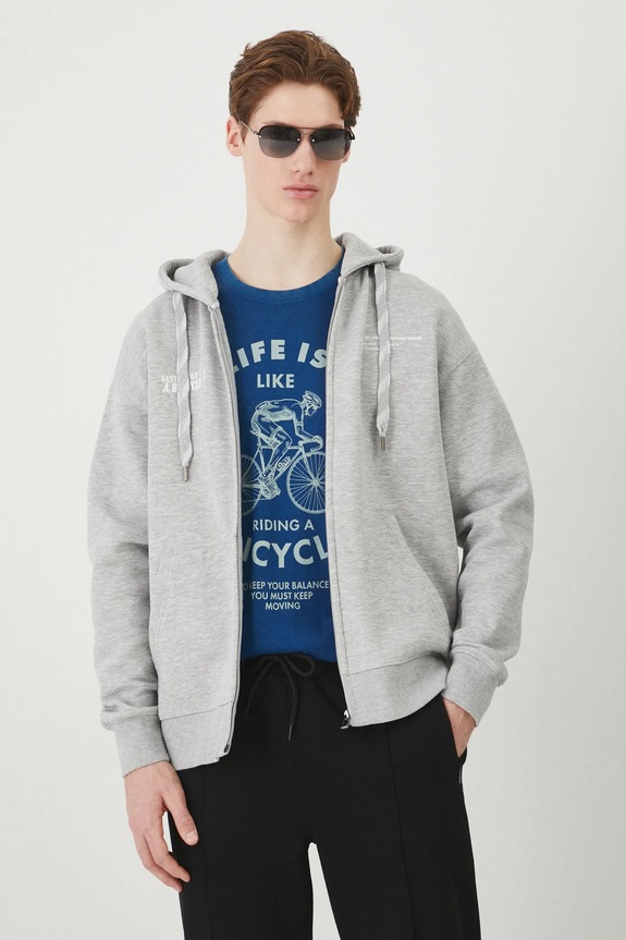 Bluza męska z kapturem z nadrukiem kolor szary melanż szary RS25.BLM603