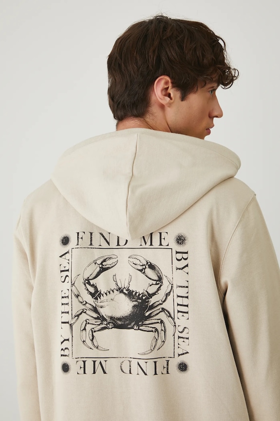 Bluza bawełniana męska z kapturem z nadrukiem kolor beżowy RS25-BLM702 beżowy