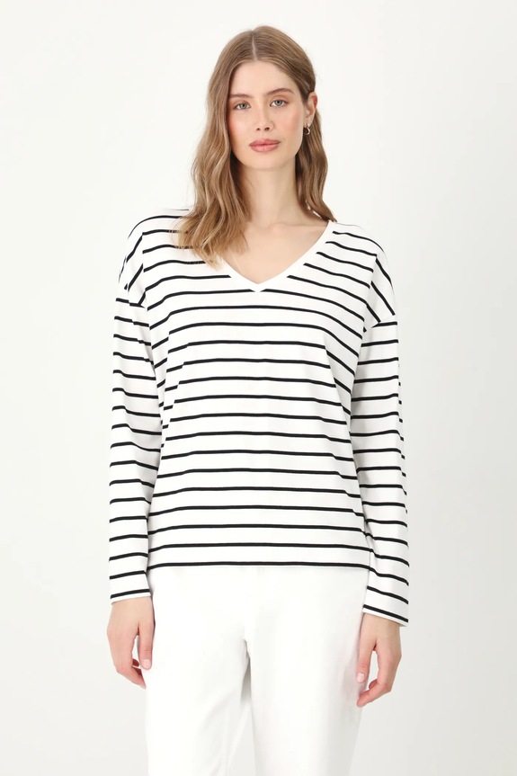 Longsleeve bawełniany damski z elastanem w pasy kolor biały z elastanem biały RS25-BUD050