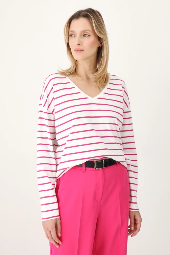 Bavlněné tričko s dlouhým rukávem dámské s elastanem a proužky bílá barva relaxed bílá RS25-BUD050