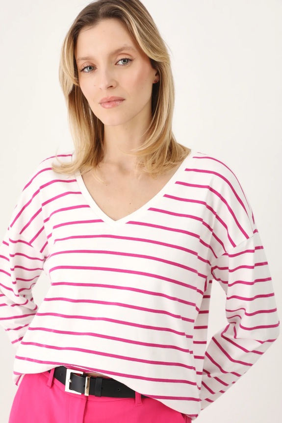 Bavlněné tričko s dlouhým rukávem dámské s elastanem a proužky bílá barva bílá RS25-BUD050