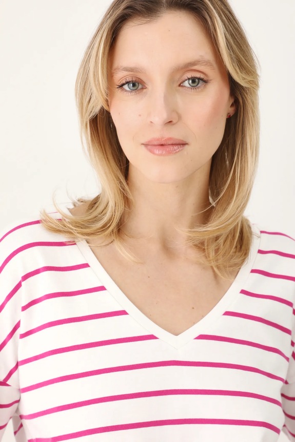 Bavlněné tričko s dlouhým rukávem dámské s elastanem a proužky bílá barva RS25-BUD050 bílá