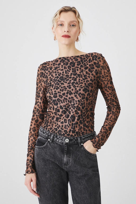 Tričko s dlouhým rukávem s leopardím vzorem hnědá barva slim hnědá RS25-BUD100