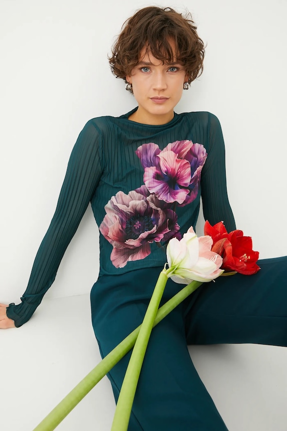 Longsleeve damski z nadrukiem kolor turkusowy z elastanem turkusowy RS25.BUD300