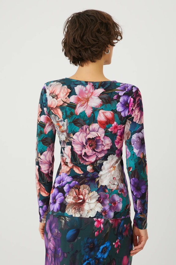Odzież Longsleeve bawełniany damski z elastanem w kwiaty kolor turkusowy RS25-BUD302 turkusowy