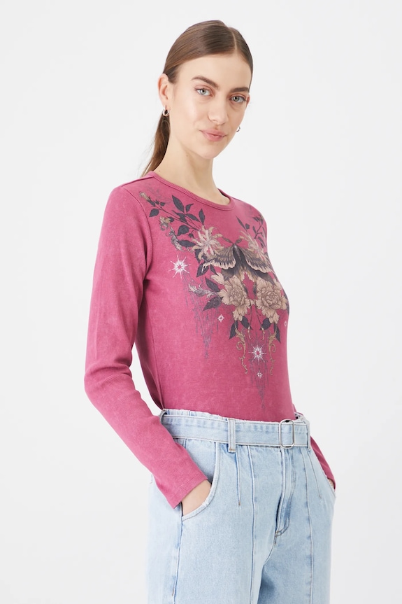 Longsleeve bawełniany damski z elastanem prążkowany kolor różowy okrągły różowy RS25-BUD400