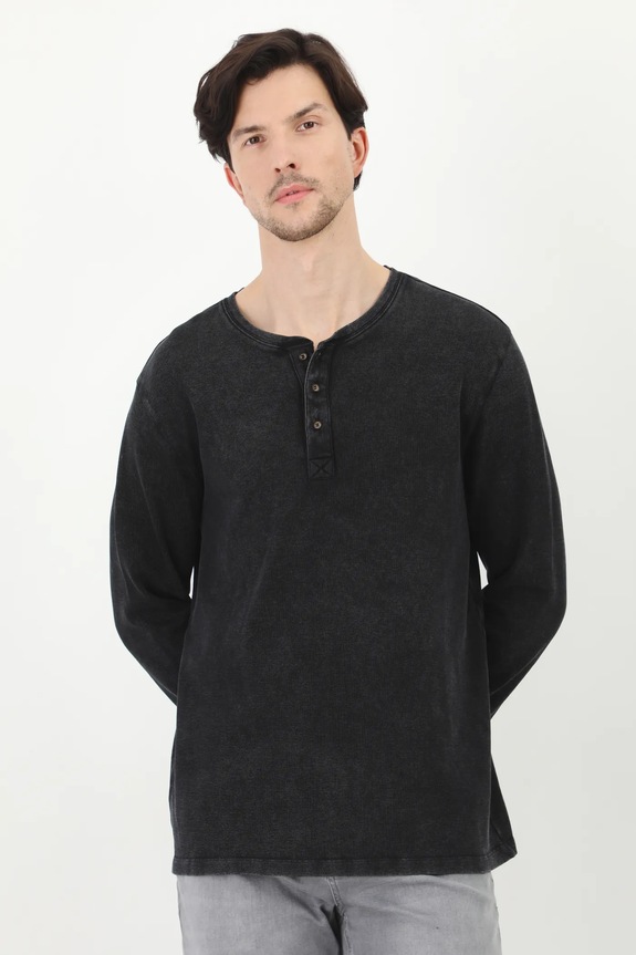 Longsleeve bawełniany męski z elastanem z efektem sprania kolor szary gładkie szary RS25-BUM040