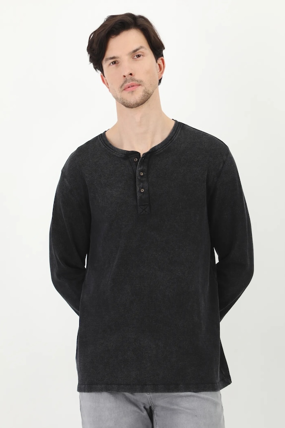 Longsleeve bawełniany męski z elastanem z efektem sprania kolor szary gładkie szary RS25-BUM040