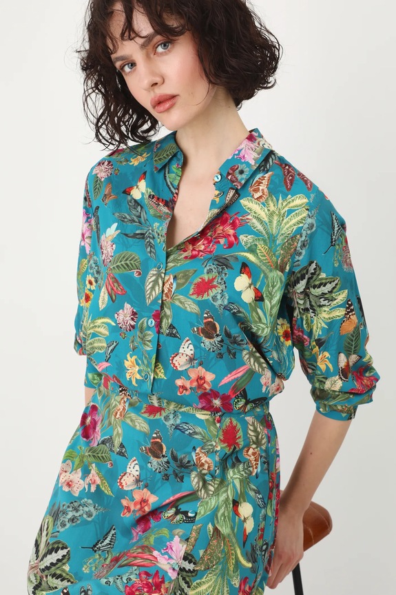 Koszula damska oversize wzorzysta kolor zielony casual turkusowy RS25-KDD050
