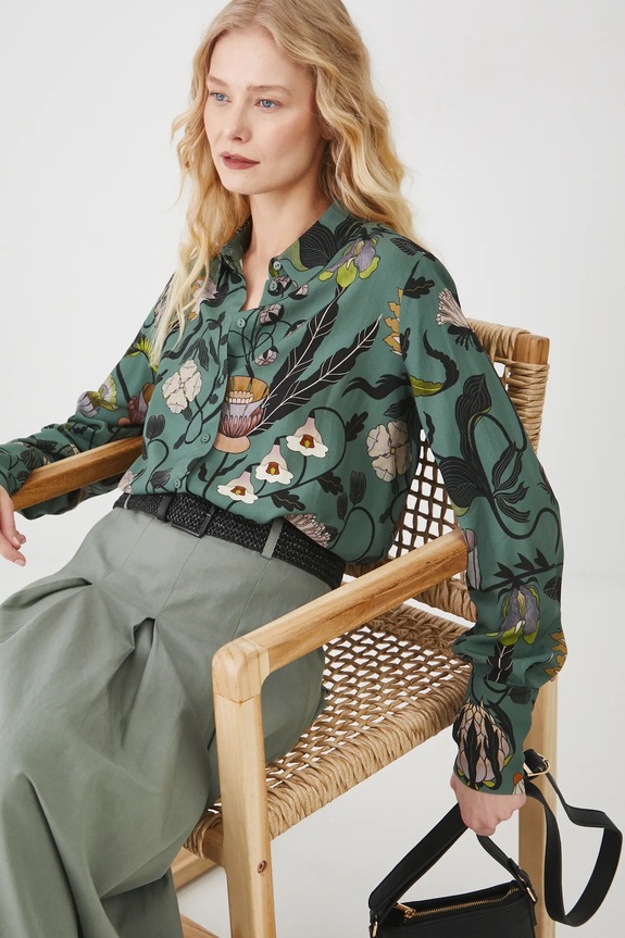 Košeľa dámska oversize vzorované zelená farba dlhý zelená RS25-KDD600