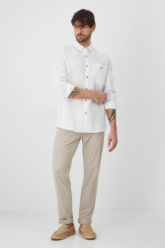 Koszula z lnem męska z kołnierzykiem button-down kolor biały długi biały RS25-KDM050