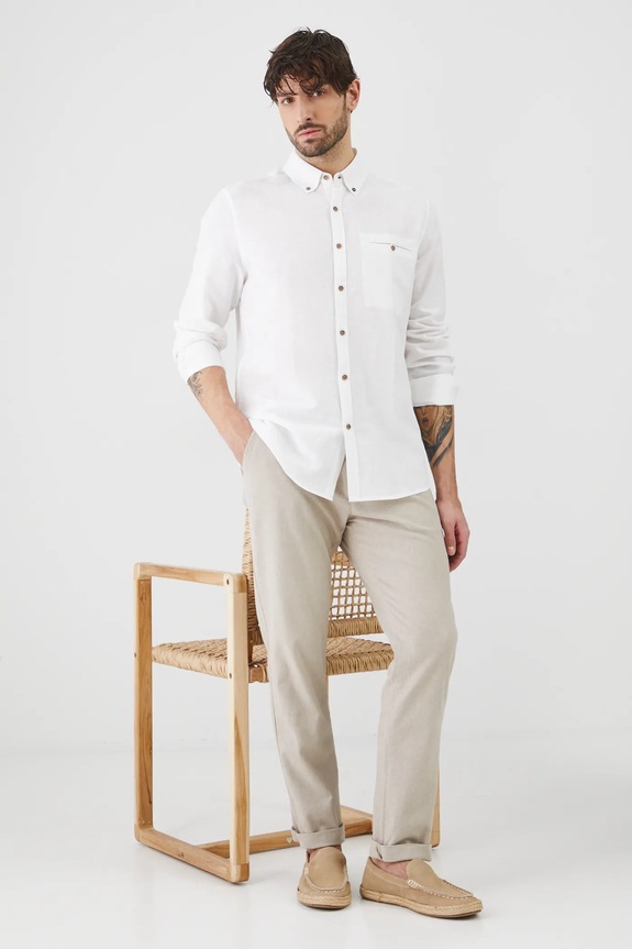 Koszula z lnem męska z kołnierzykiem button-down kolor biały biały RS25-KDM050