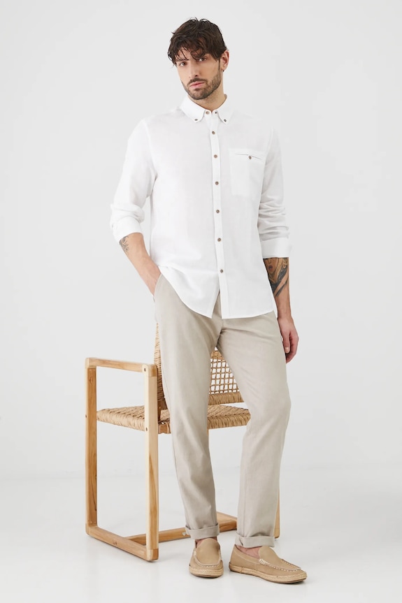 Koszula z lnem męska z kołnierzykiem button-down kolor biały biały RS25-KDM050