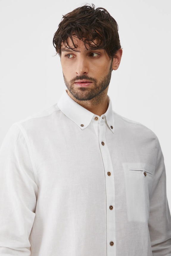 Koszula z lnem męska z kołnierzykiem button-down kolor biały RS25-KDM050 biały