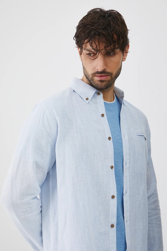 Koszula lniana męska z kołnierzykiem button-down kolor niebieski długi niebieski RS25-KDM050