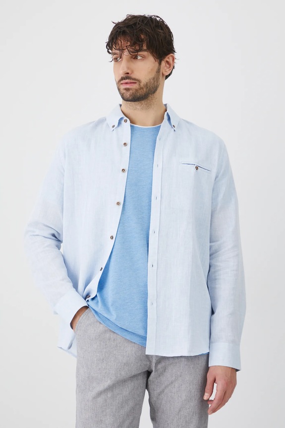 Koszula lniana męska z kołnierzykiem button-down kolor niebieski niebieski RS25-KDM050