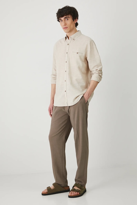 Lněná košile pánská s límcem button-down béžová barva s knoflíky béžová RS25-KDM050