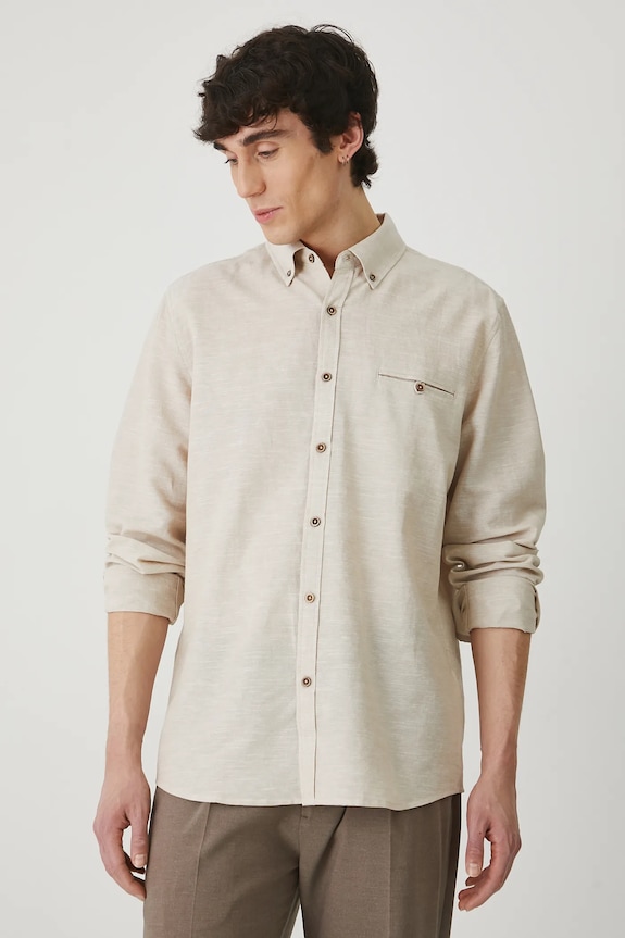 Lněná košile pánská s límcem button-down béžová barva RS25-KDM050 béžová RS25