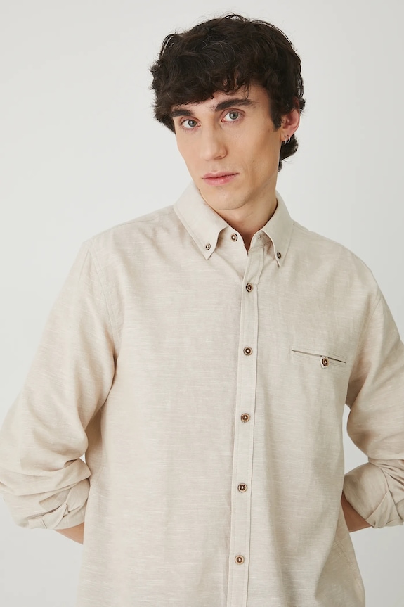 Lněná košile pánská s límcem button-down béžová barva béžová RS25-KDM050