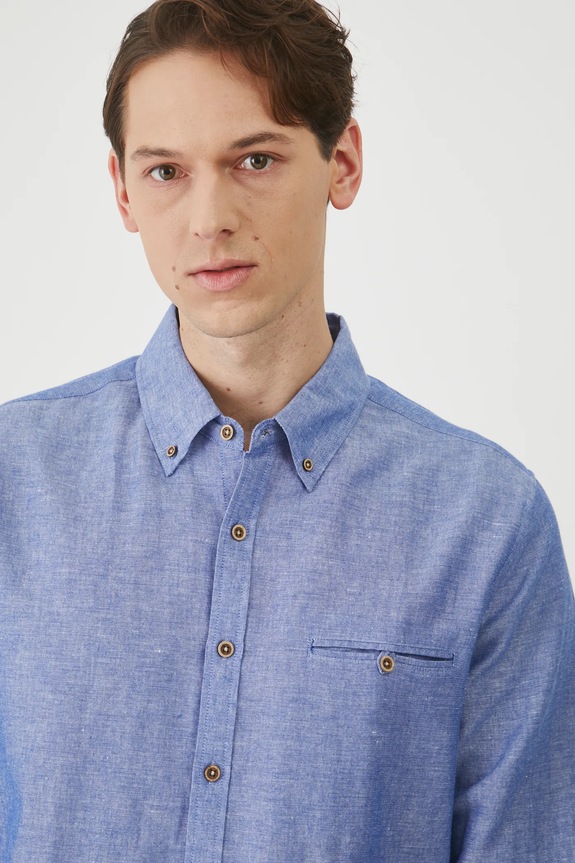 Koszula z lnem męska z kołnierzykiem button-down kolor niebieski długi niebieski RS25-KDM050