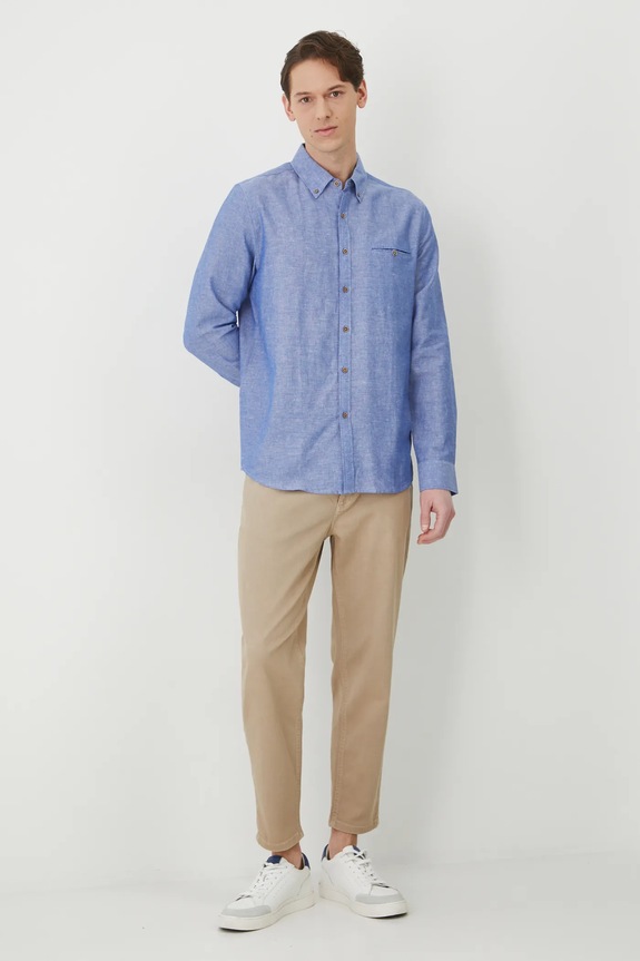 Koszula z lnem męska z kołnierzykiem button-down kolor niebieski RS25-KDM050 niebieski RS25