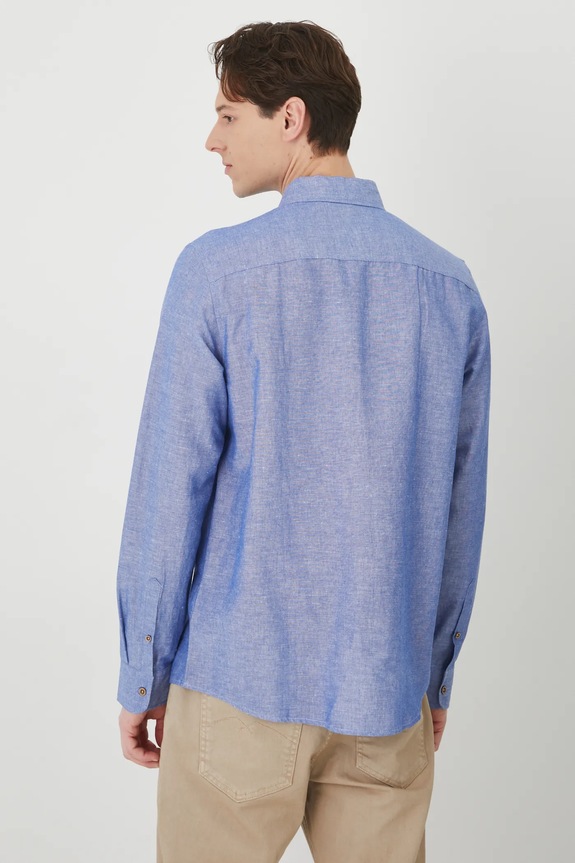 Odzież Koszula z lnem męska z kołnierzykiem button-down kolor niebieski RS25-KDM050 niebieski