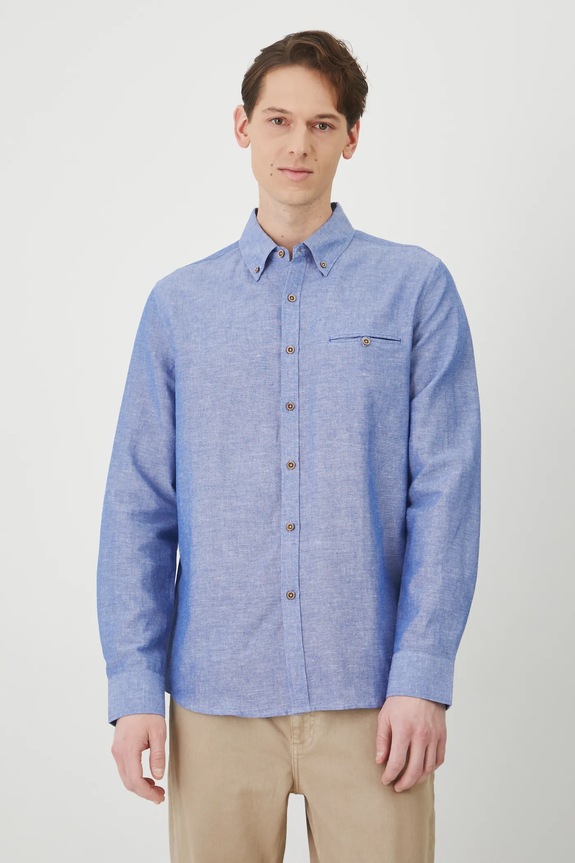 Koszula z lnem męska z kołnierzykiem button-down kolor niebieski niebieski RS25-KDM050