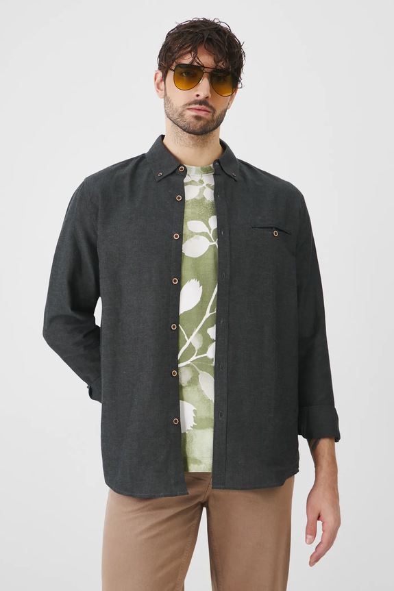 Koszula z lnem męska z kołnierzykiem button-down kolor zielony długi zielony RS25-KDM050