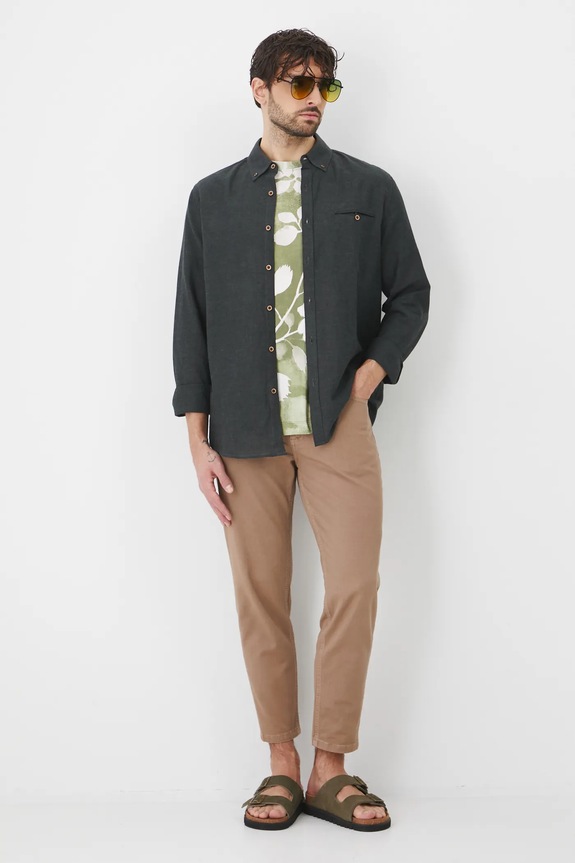 Koszula z lnem męska z kołnierzykiem button-down kolor zielony RS25-KDM050 zielony RS25